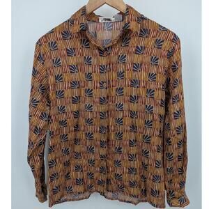 1970s Long Sleeve Collared Geometric Print Button Down Rayon Top S/M Weathervane